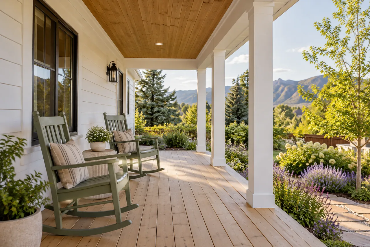 Finished side porch with a timber ceiling, simple seating and garden views