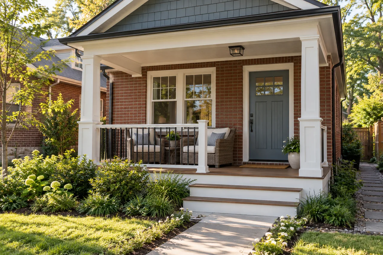Completed front porch with painted columns, timber decking and a red-brick home entry
