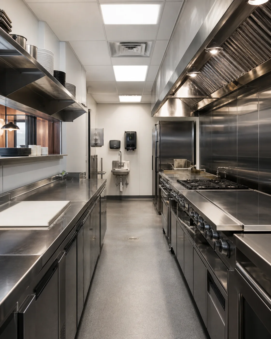 Finished restaurant back-of-house kitchen and prep line