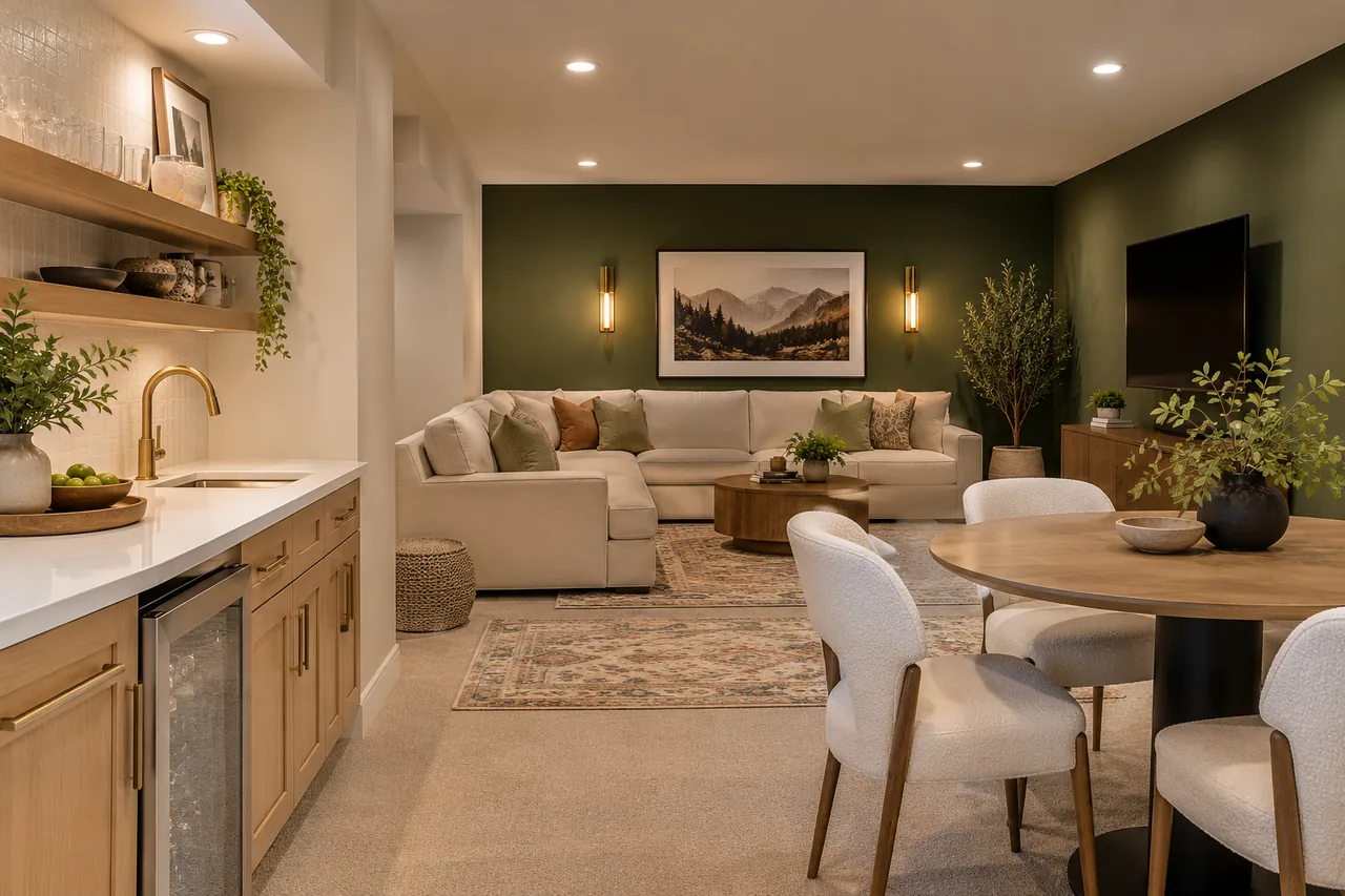 Finished living and dining area with a white sectional, green accent wall and oak wet bar.