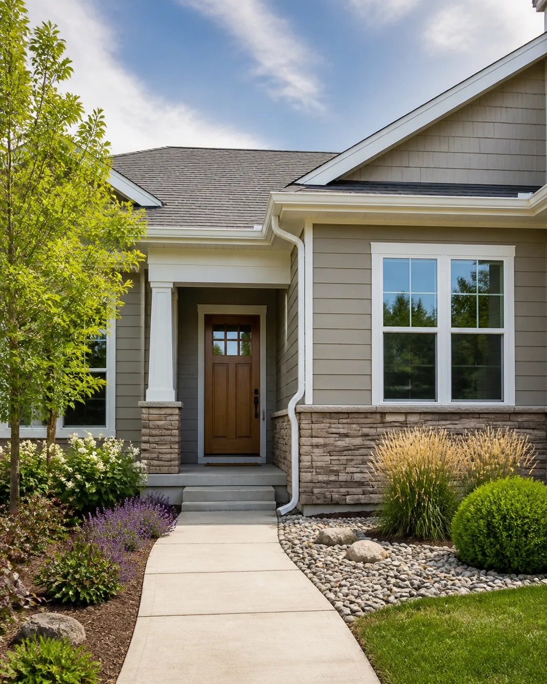 Homeowner reviewing a finished Denver storm restoration and front entry